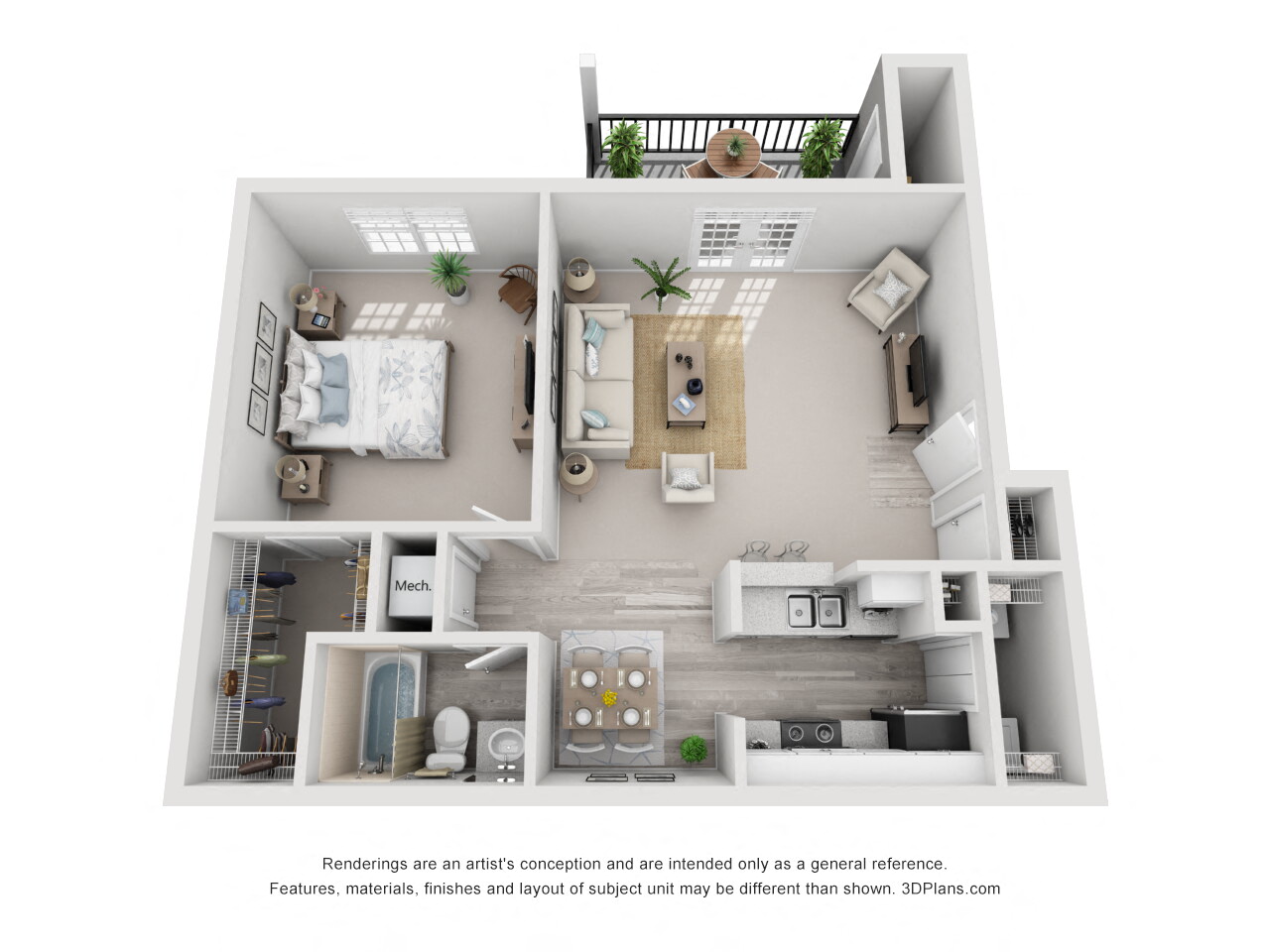 Floor plan for 1 bed, 1 bath, 636 sqft